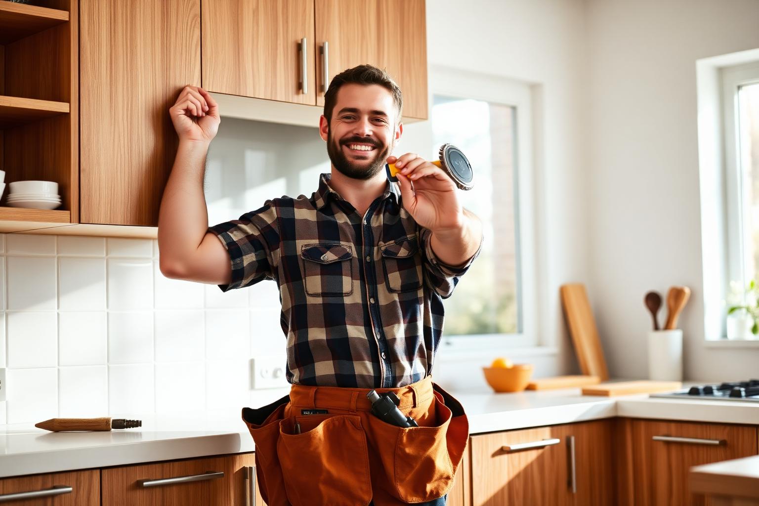 Handyman repairing kitchen cabinetry
